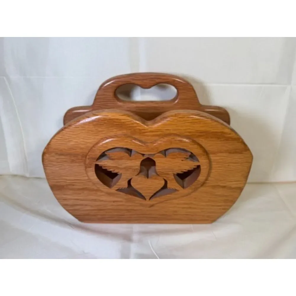 Vintage Oak Wood Hand Carved Love Birds Heart Napkin Letter Mail Holder Country